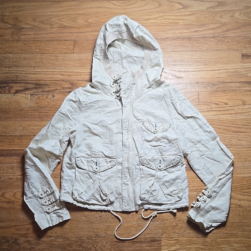 HTF Vintage Free People linen zip/snap front pockets straps hooded jacket